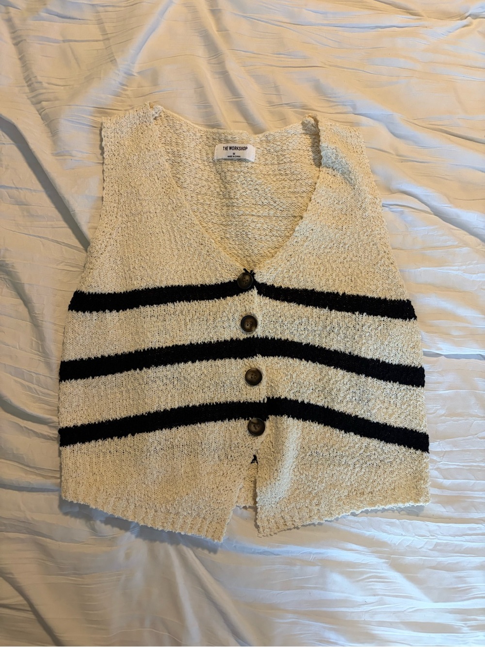 Workshop Republic Clothing Cream & Black Striped V-Neck Button Vest
